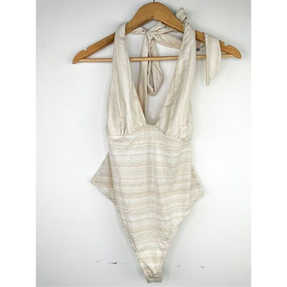 NEW UO x FP x Anthro Sample Sale Striped Halter Neutral Coastal Summer Bodysuit - Picture 1 of 10